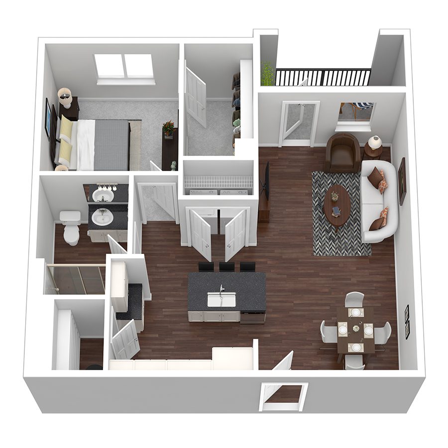 Rendering of the Sunset V floor plan with 1 bedroom[s] and 1 bathroom[s] at Aventine West Melbourne
