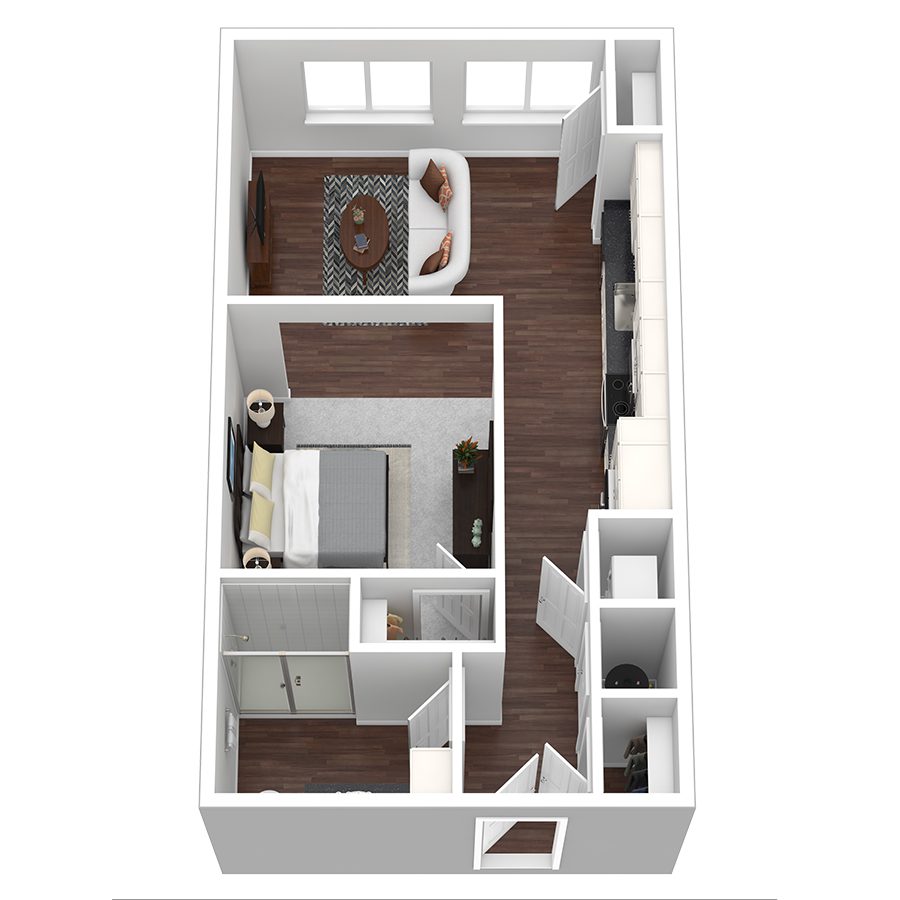 Rendering of the Sunset I floor plan with 1 bedroom[s] and 1 bathroom[s] at Aventine West Melbourne