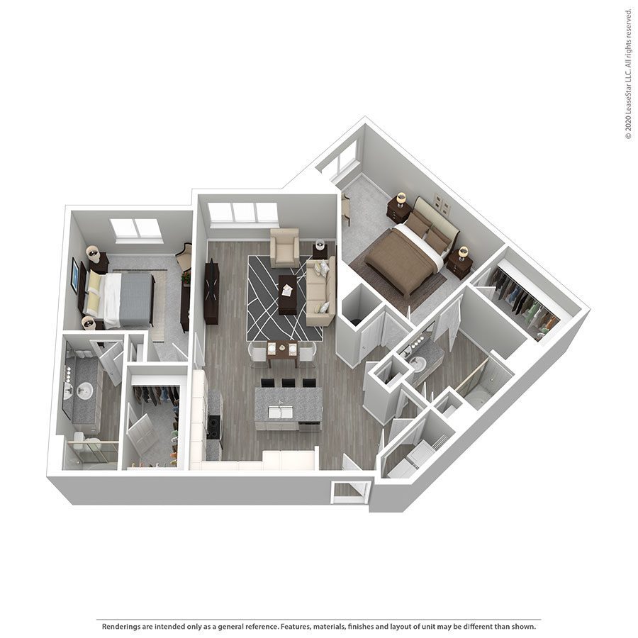 Rendering of the Cabana VII floor plan with 2 bedroom[s] and 2 bathroom[s] at Aventine West Melbourne