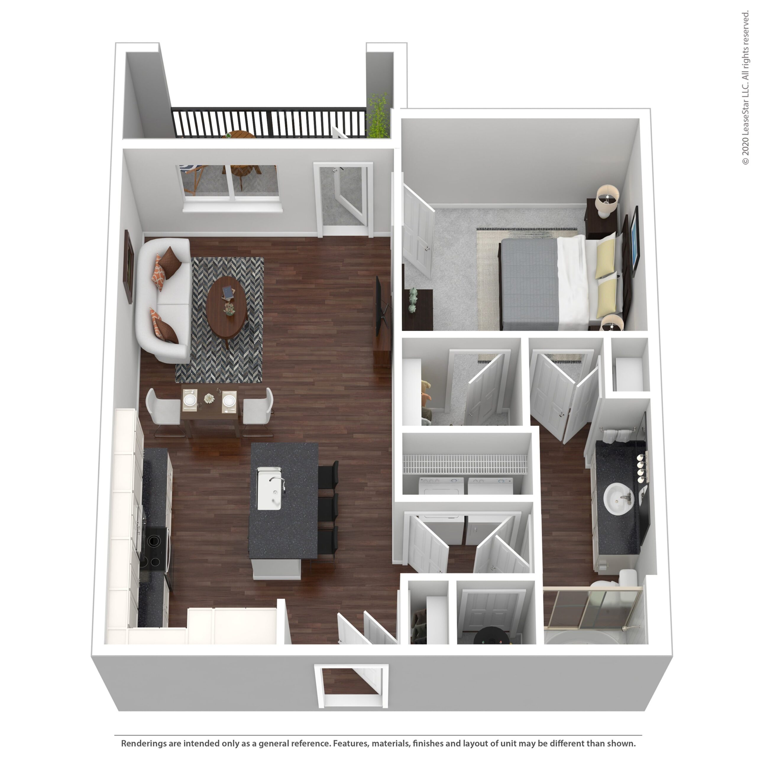 Rendering of the Sunset Two floor plan with 1 bedroom[s] and 1 bathroom[s] at Aventine West Melbourne