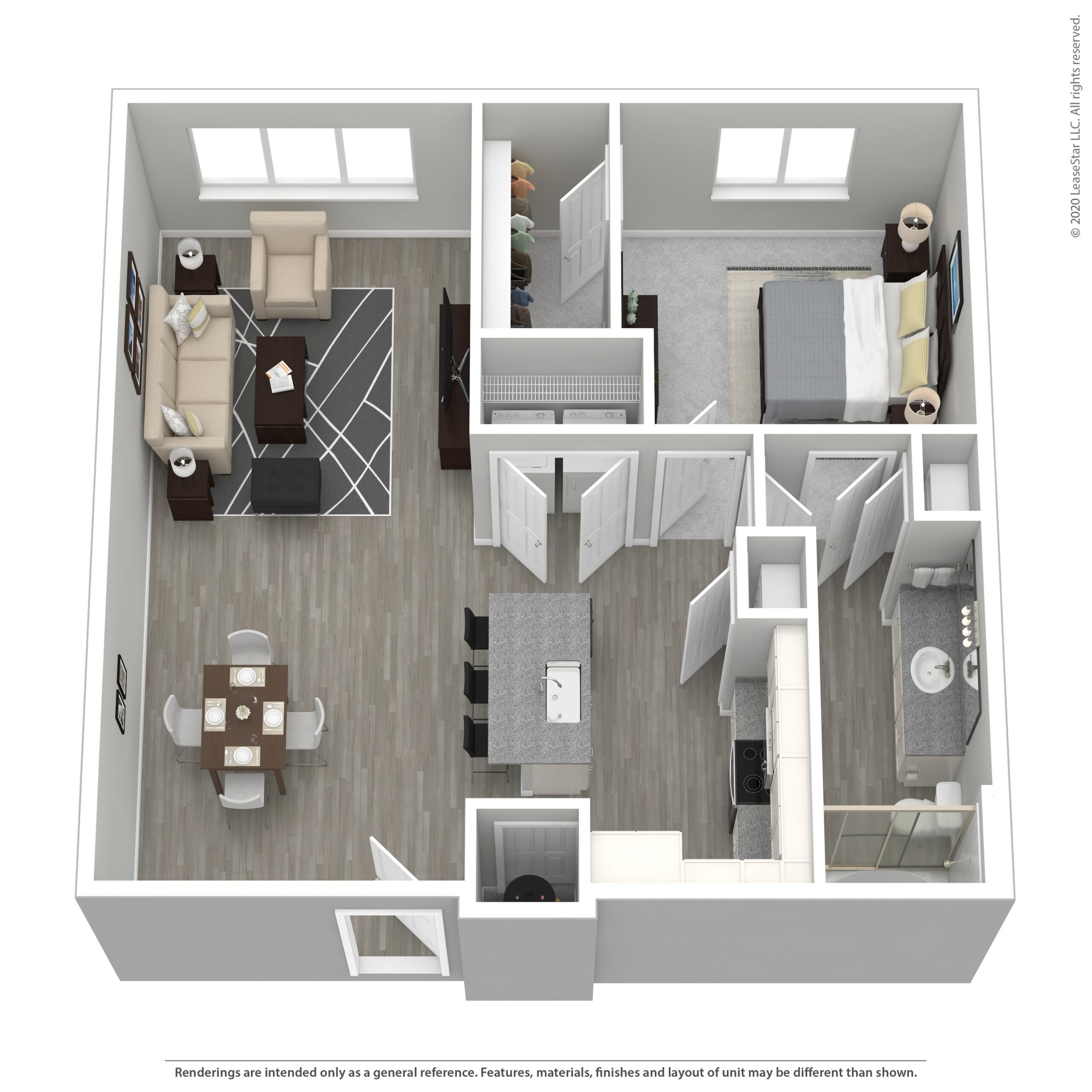 Rendering of the Sunset Four floor plan with 1 bedroom[s] and 1 bathroom[s] at Aventine West Melbourne
