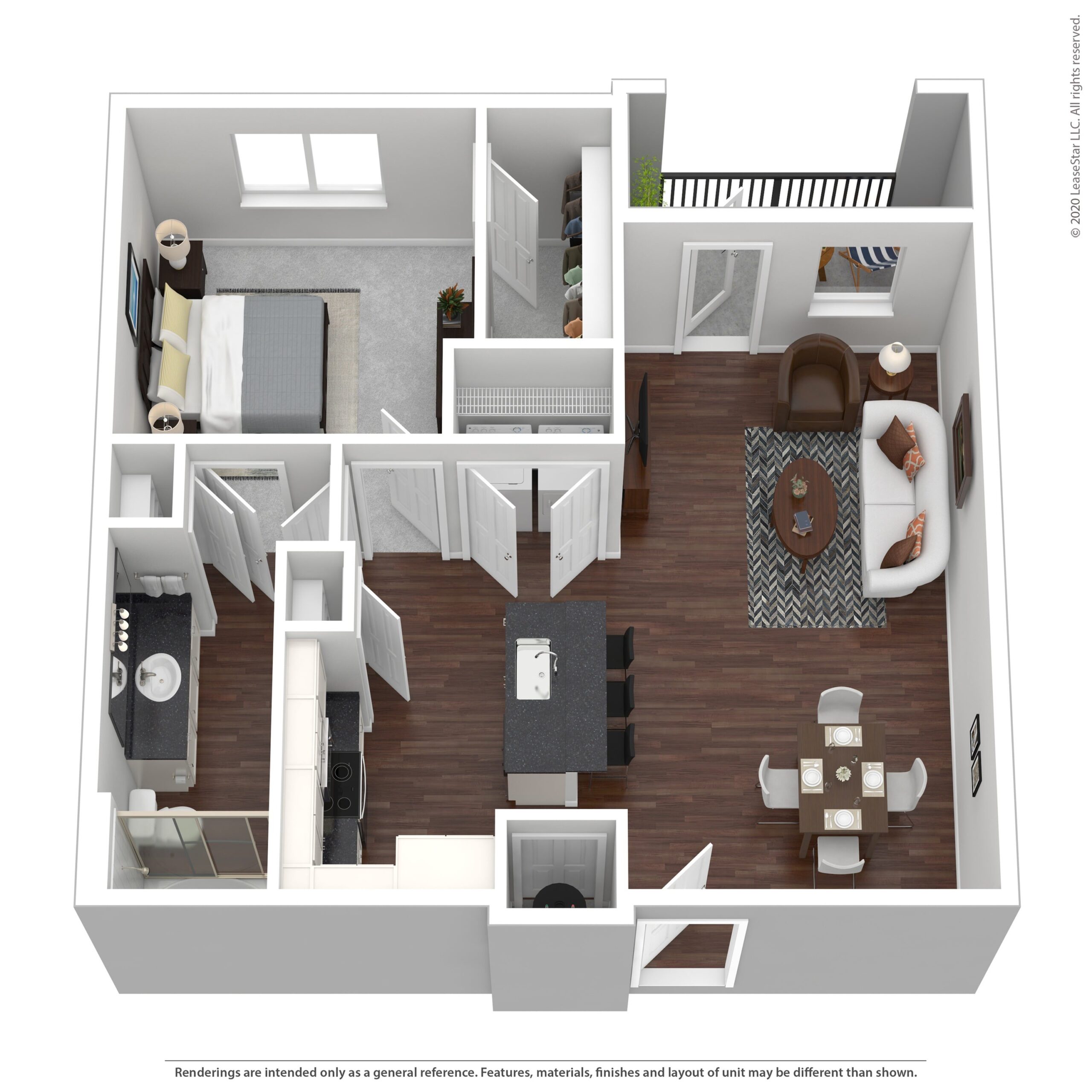 Rendering of the Sunset Three floor plan with 1 bedroom[s] and 1 bathroom[s] at Aventine West Melbourne