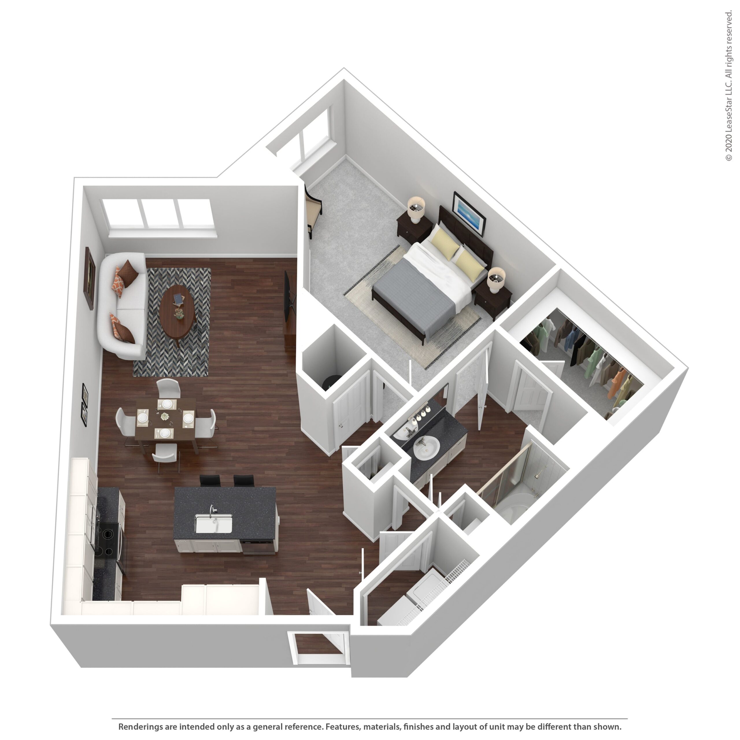 Rendering of the Sunset Six floor plan with 1 bedroom[s] and 1 bathroom[s] at Aventine West Melbourne